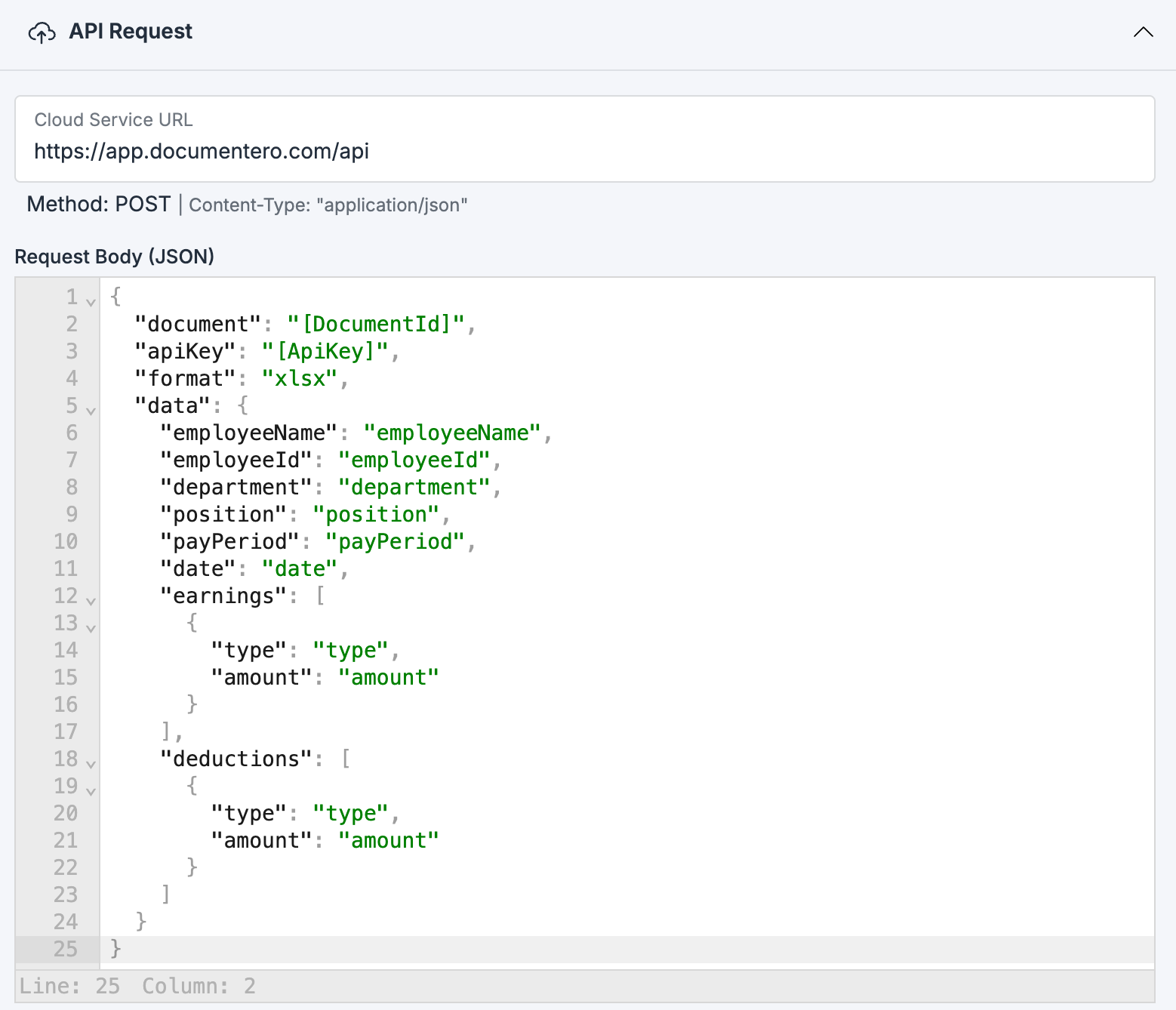 Excel generation request payload