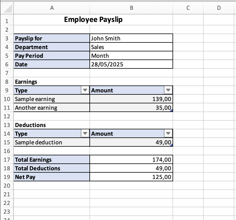 Excel output document