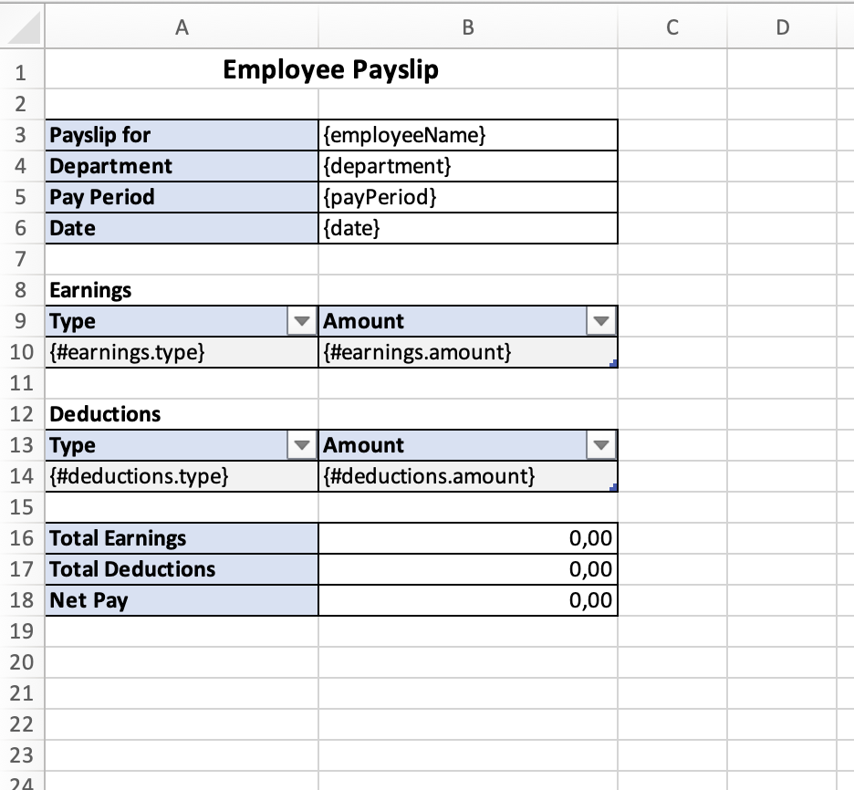 Excel template with placeholders