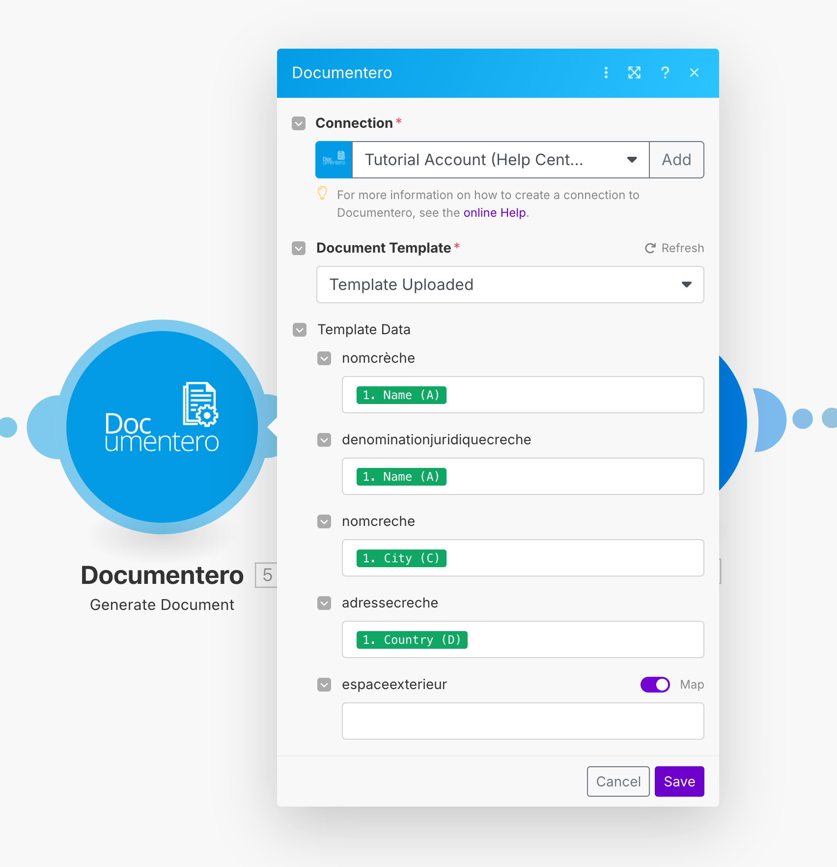 Make scenario that is using Documentero action