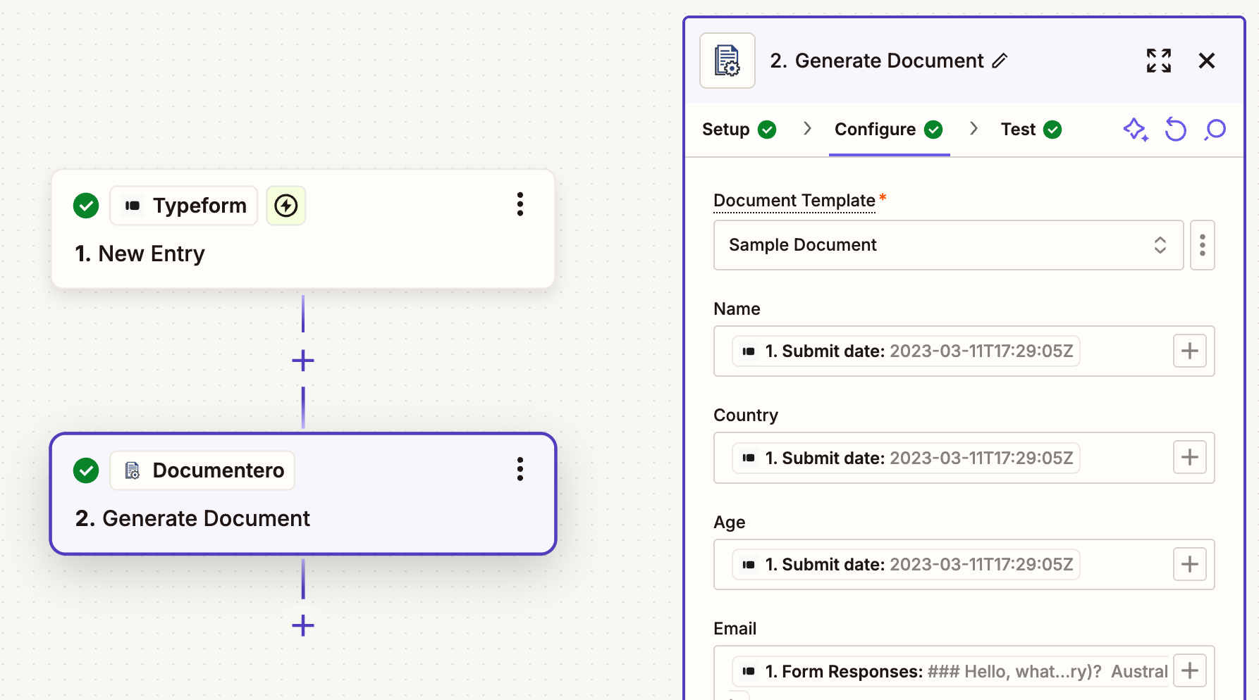 Zapier zap that is using Documentero action